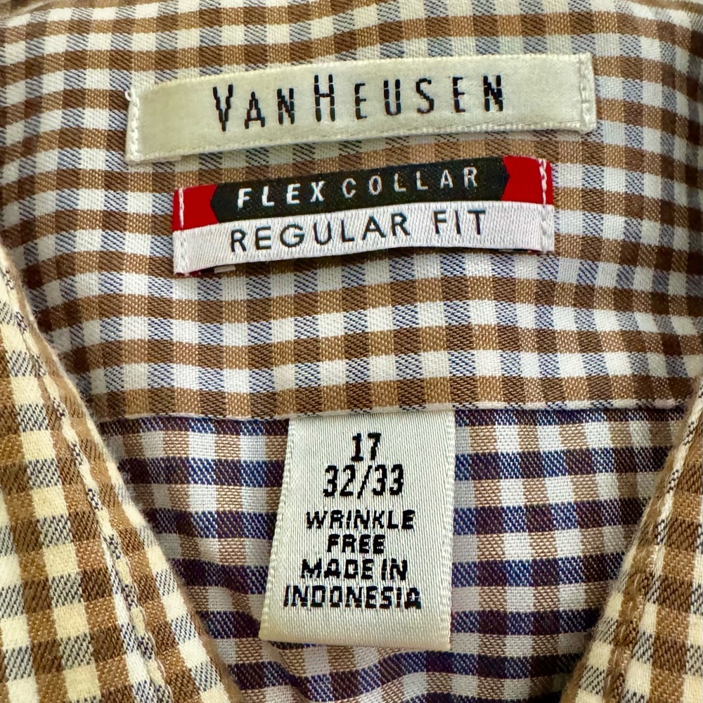 Van Heusen Flex Collar Dress Shirt 17 32/33 Brown Check Regular Fit Wrinkle Free